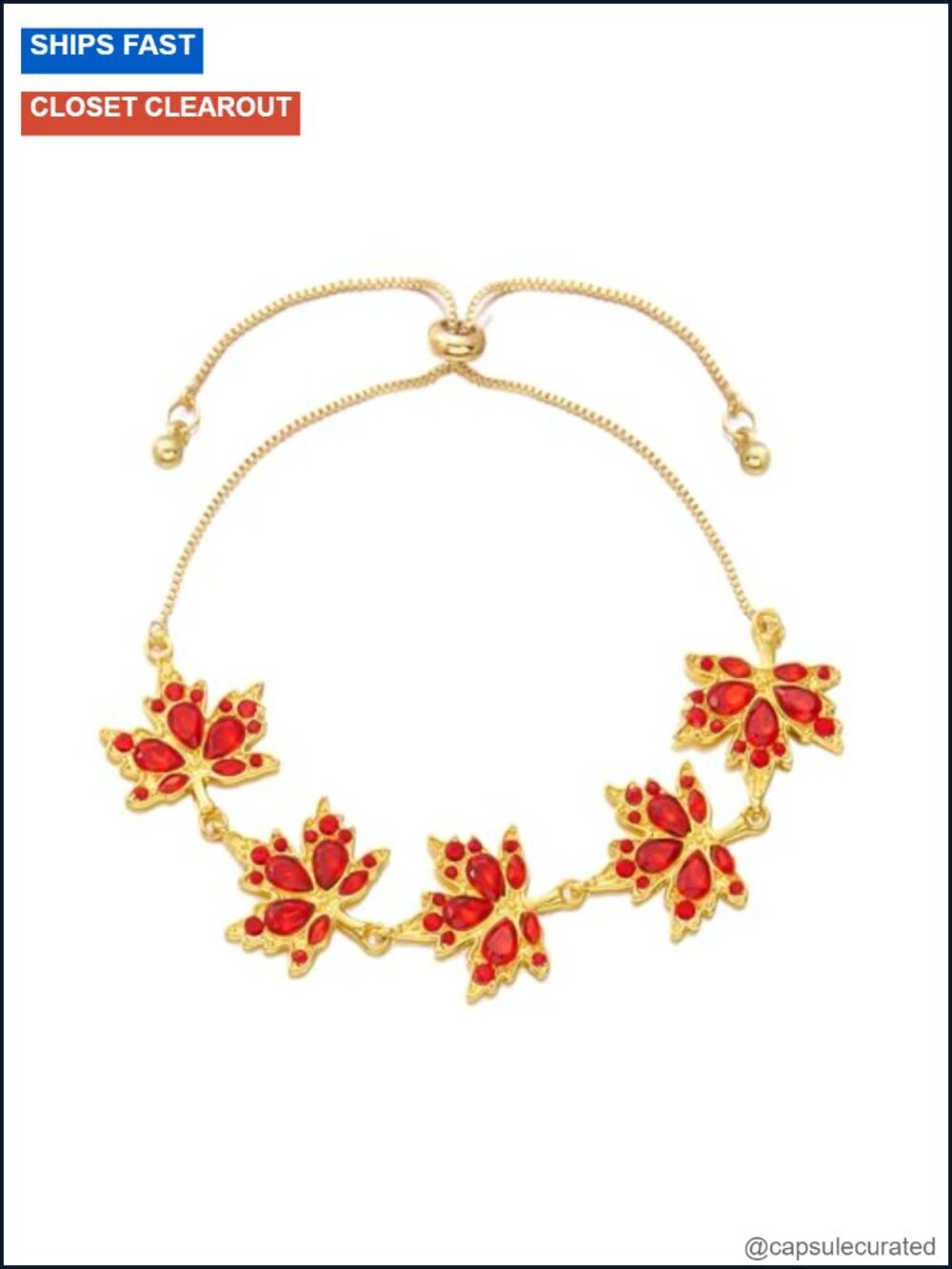 Gold Plated Maple Leaf Rhinestone Crystal Bracelet Adjustable Chain Tassel